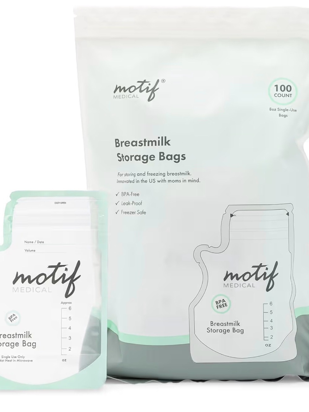 Motif Medical Mint & White Breastmilk Storage Bags - 100 Count